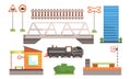 Rail Transport Set, Railway Station, Road Signs, Locomotive, Bridge Vector Illustration Royalty Free Stock Photo