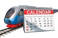 Rail Travel Calendar concept. Desk calendar with high speed train, 3D rendering