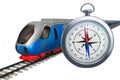 Rail Travel concept. High speed train with compass, 3D rendering
