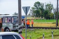 Rail workers want to go along the tracks and repair the rails. Repair work on the railway