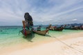 Railay beach with colorful long tail boats in Krabi, Thailand in Royalty Free Stock Photo