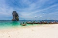 Railay beach and tourist boats in Krabi, Thailand in beautiful day Royalty Free Stock Photo