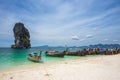 Railay beach with colorful long tail boats in Krabi, Thailand in Royalty Free Stock Photo