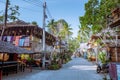 Railay Beach Krabi Thailand January 2020, beach of Railay on a bright mroning with bars and restaurants at the small