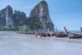 Railay Beach Krabi Thailand January 2020, beach of Railay on a bright mroning wit thourist boats