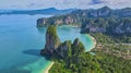 Railay beach Krabi Thailand, tropical beach of Railay Krabi, Drone aerial view of Panoramic view of idyllic Railay Beach