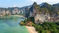 Railay beach in Thailand, Krabi province, aerial bird`s view of tropical Railay and Pranang beaches with rocks and palm trees Royalty Free Stock Photo