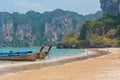 Railay, Thailand: long-tail boats at Railay West beach Royalty Free Stock Photo