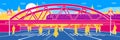 Colorful outline city Infrastructure and transport illustration. Railroad bridge. Train rides. Modern color town. People walking a