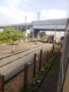 Railings, bridge, trees, train, railroad