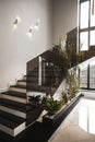 railings glass in black color modern staircase, glass ceiling and wall. modern industrial home office architecture.