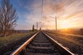 Railroad against beautiful sky at sunset. Industrial landscape Royalty Free Stock Photo