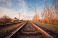 Railroad against beautiful sky at sunset. Industrial landscape Royalty Free Stock Photo
