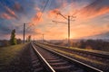 Railroad against beautiful sky at sunset. Industrial landscape Royalty Free Stock Photo