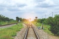 Railroad against beautiful sky at sunset. Industrial landscape w Royalty Free Stock Photo