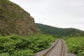 Railroad on the background of the forest landscape and mountain