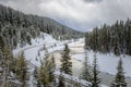 Railroad on a the Bank of a Frozen River in a Mountain Landscape Royalty Free Stock Photo