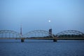 Railroad bridge through the Daugava in Riga at night Royalty Free Stock Photo