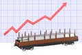 Railroad car with stack of rolled metal products with growing chart, 3D rendering Royalty Free Stock Photo
