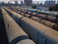 Railroad in the city. Many railway paths. Wagons and trains on the tracks. unloading station. Tank wagons