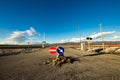 Railroad crossing with mountains behind Royalty Free Stock Photo