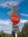 Railroad crossing signs on the Gateway Subdivision near Halls Flat, California, USA - October 31, 2022 Royalty Free Stock Photo