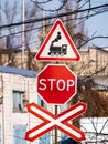 Railroad crossing signs in the open air Royalty Free Stock Photo