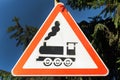 Railroad crossing signs. Train passage sign. warning symbol Royalty Free Stock Photo