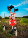 Railroad crossing with warning sign and lights Royalty Free Stock Photo