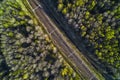 Railroad into dark deep forest aerial Royalty Free Stock Photo