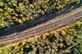 Railroad into dark deep forest aerial Royalty Free Stock Photo