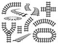 Railroad elements. Curved, straight and wavy rail tracks. Railway rails in perspective and top view, steel bars road