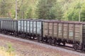 Railroad and freight train with rusty railway wagons going along forest. Transportain, cargo concept Royalty Free Stock Photo