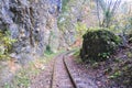 The railroad in the Guam Gorge makes a turn. Mezmay, Russia Royalty Free Stock Photo