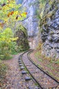 The railroad in the Guam Gorge runs between the rocks. Russia Royalty Free Stock Photo