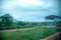 Railroad in a mountainous area on a cloudy day in Jhargram, West Bengal, India