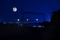 railroad in night under full moon. Beautiful night landscape with bridge over the railroad