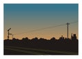 Railroad and rail signalling with trees and industrial area silhouette background.