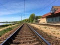 Railroad rails connecting Riga and Jurmala. Close-up Royalty Free Stock Photo