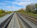 Railroad rails converge on the horizon