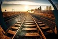 Railroad rails and sleepers in rays of sun railway transport