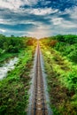 Railroad and railway train transportation with color of sky sunlight Royalty Free Stock Photo