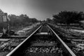 Railroad and railway train transportation with sky sunlight, Black and white and monochrome style Royalty Free Stock Photo