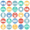 Railroad related icons set on color circles white background for graphic and web design. Simple vector sign. Internet Royalty Free Stock Photo