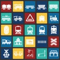 Railroad related icons set on color squares background for graphic and web design. Simple vector sign. Internet concept