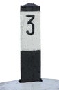 Railroad Route Rail Line Mile Marker In Black And White, Isolated Railway Number 3 Distance Kilometer Milestone Mark Close-up