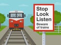 Railroad safety rules and tips. Stop Look Listen warning sign for pedestrians on railway platform while train is approaching. Royalty Free Stock Photo