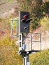 A railroad signal as a railroad traffic light stands on red