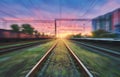 Railroad and sky with clouds at sunset with motion blur effect