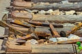 Railroad spikes laying on ground in a pile with dino Royalty Free Stock Photo